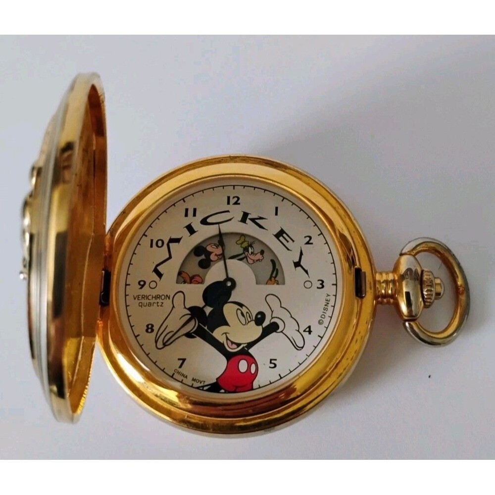 Vtg 1990s Disney Verichron Mickey Mouse Pocket Watch Rotating Expressions Works
